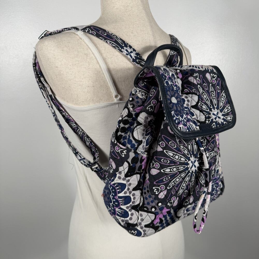 Vera Bradley Small Quilted Backpack Purple Navy Floral Drawstring Flap Bag Boho